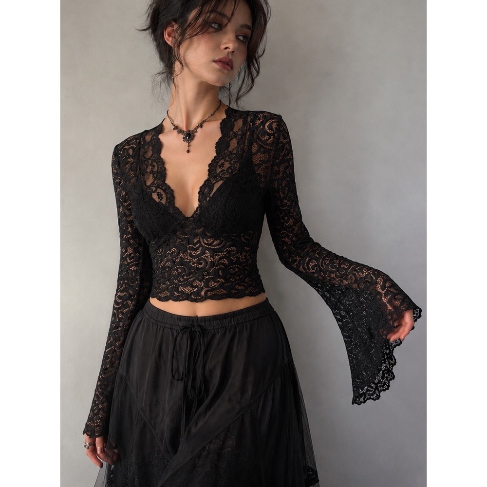 Whimsigoth Floral Lace Bell Flare Sleeve Sheer Babydoll Y2K Crop Top Size S